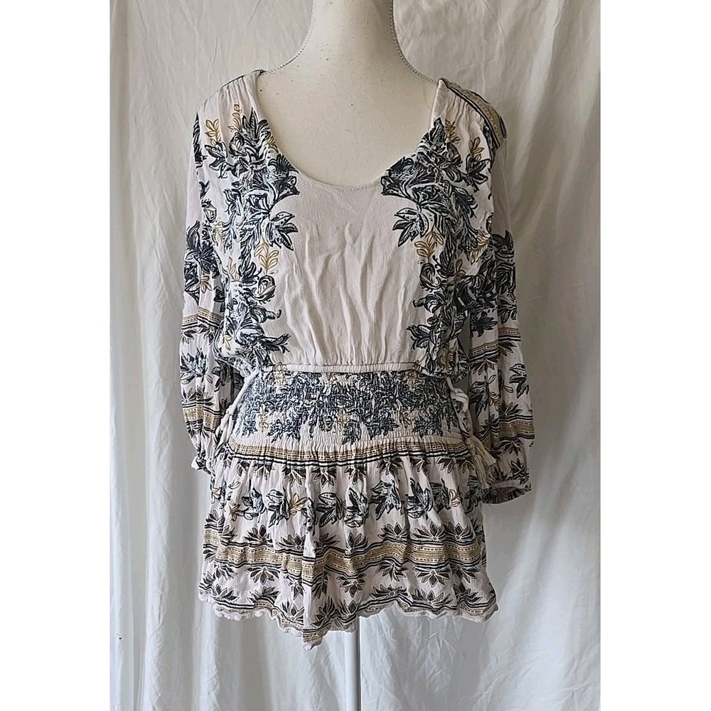 Free People Smocked Ivory White Blue Floral Long Sleeve Mini Dress Boho  Size‎ S